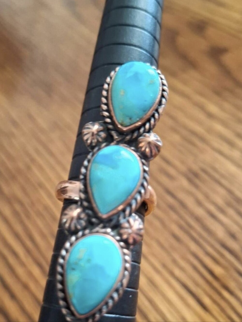 Ring Large 3 Turquoise Teardrop Stones Copper Frame And Adjustable Band 5-6-7